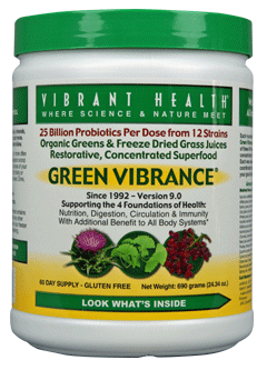Green Vibrance providing all day energy greens superfood. Organic Greens & Freeze Dried Grass Juices with 25 Billion Probiotics per Serving..